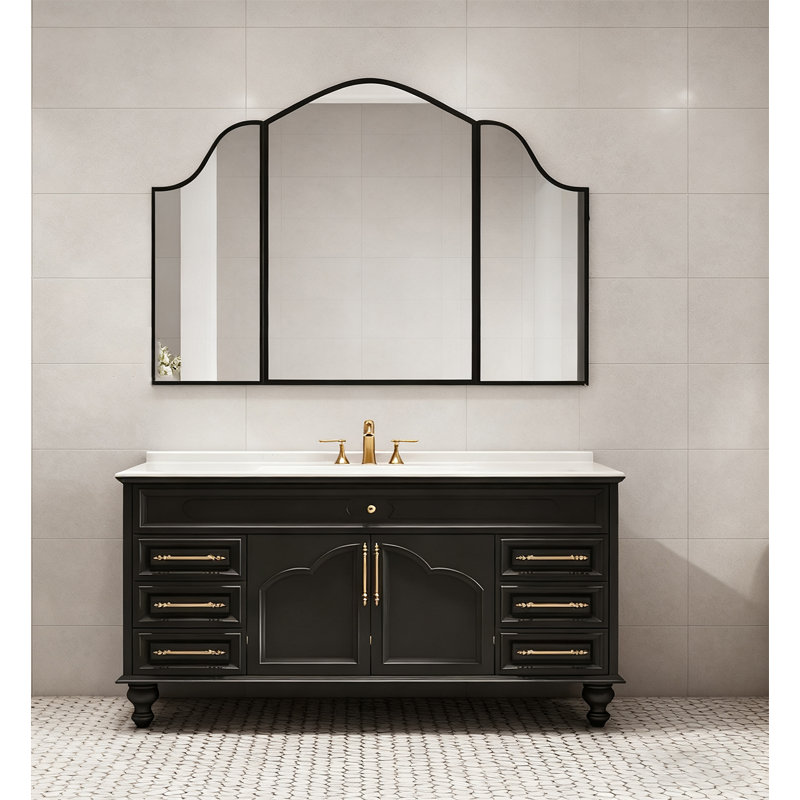 Meuble-lavabo français rétro en bois d'hévéa avec comptoir en pierre frittée