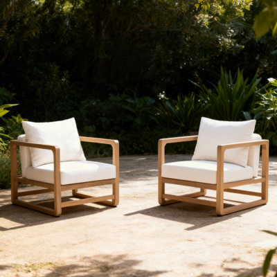 Outdoor Lounge Chair, Acacia Wood Club Chair, Oversized Seat With Cushion Set