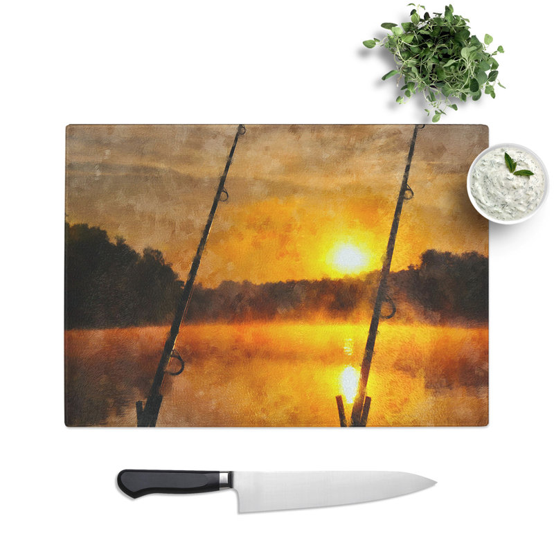 Fishing Rods and Lake Painting Chopping Board, 20cm W x 28.5cm L