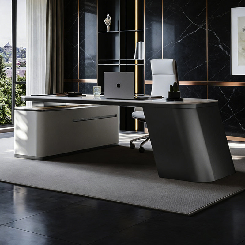 Bureau en pierre frittée en forme de L italien de luxe avec armoire de rangement grande capacité et multiprise multifonctionnelle