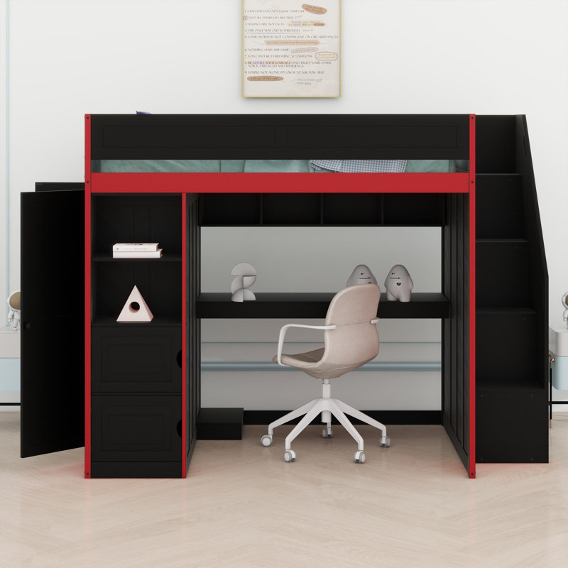 Lit mezzanine tout-en-un avec bureau intégré et système de rangement, DEL