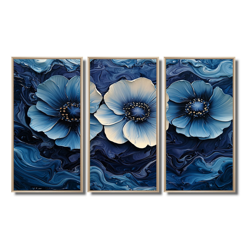 «Aqua Blue Poppies Dreamscape At Night I» - art mural coquelicots - ensemble de 3, H 40 po x l 60 po, Érable