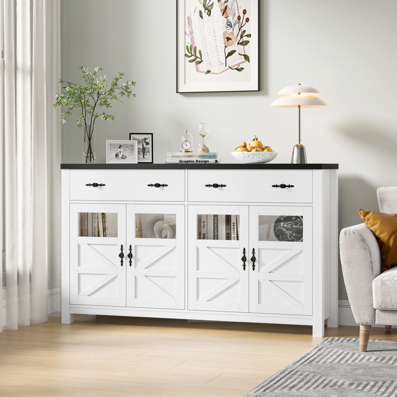 55.1" Nostrand 4 Door Accent Cabinet, White/Black