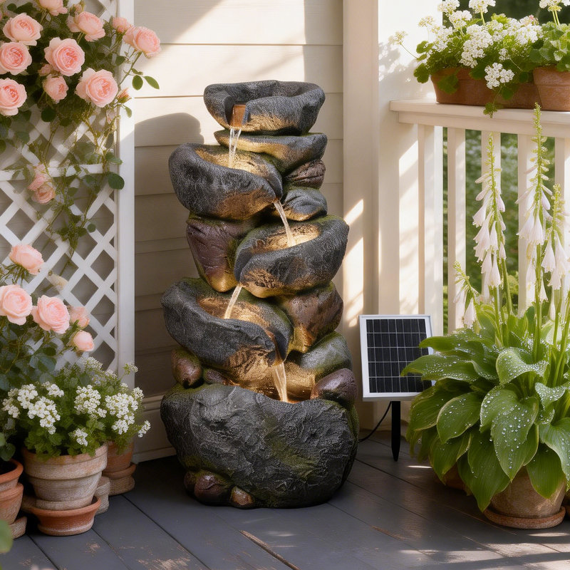 5-tier Rock Solar Water Fountain Outdoor Garden, 36.2''tall Cascading Natural Solar Powered Fountain Outdoor With Led Lights, Water Feature For Garden, Patio, Deck, Backyard Decor