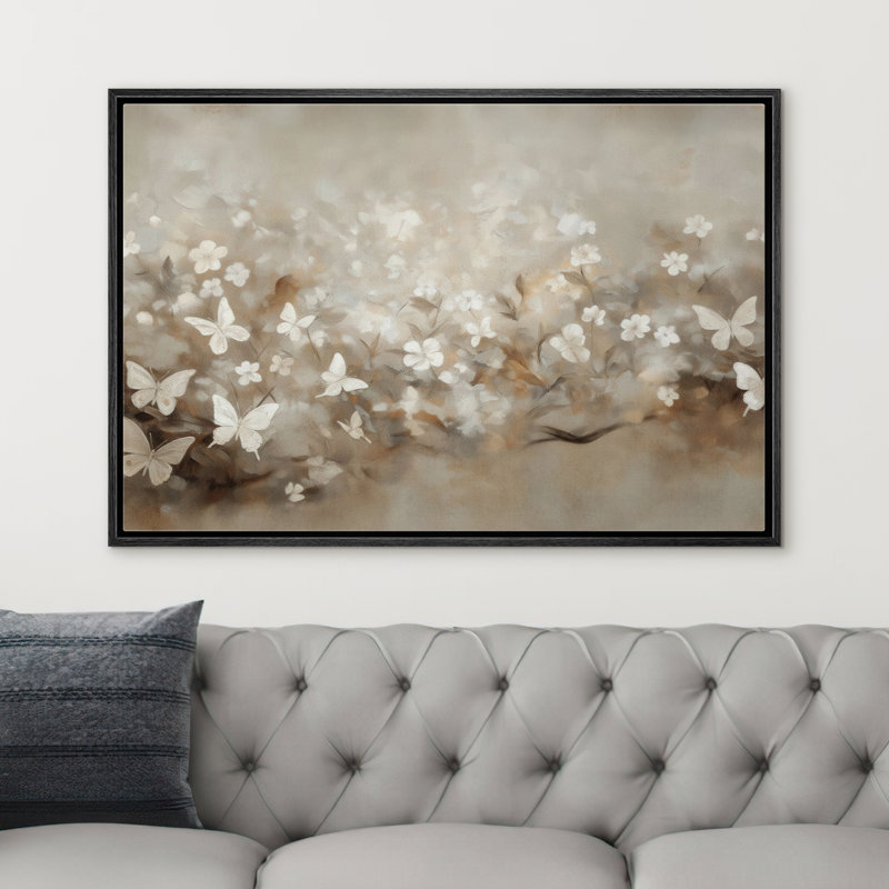 «Neutre papillon blanc prairie et champ floral», reproduction d'art sur toile encadrée, H 16 po x l 24 po x P 1,5 po, 1, Noir