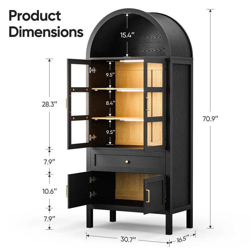 71'' Tall Wood Arched Cabinet with Adjustable LED Lights and Shelves