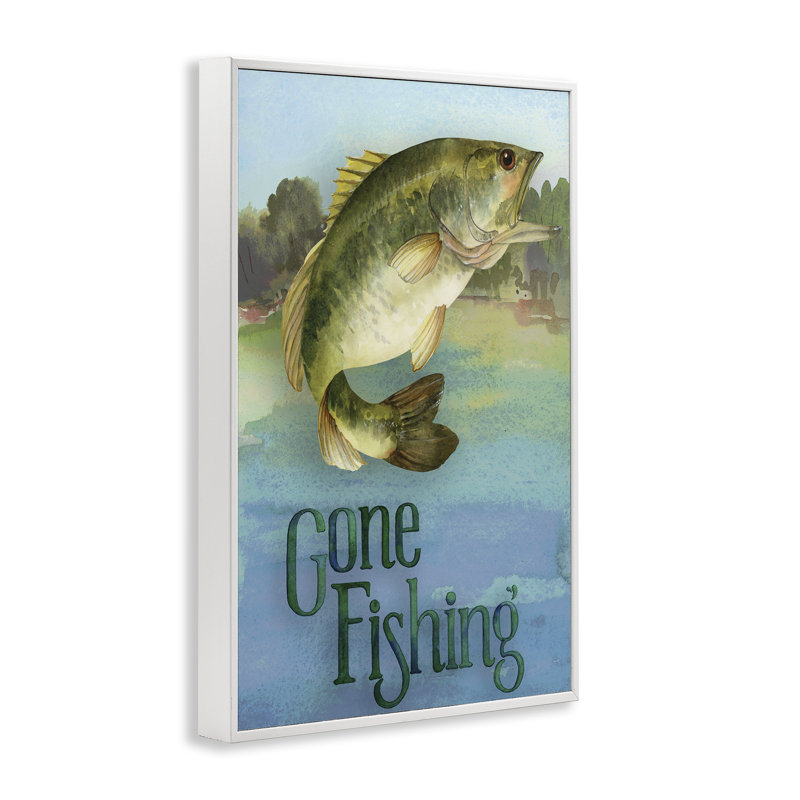 Gone Fishing Motif Framed Giclee Art, design by Holly Thomas Stein, 18" H x 12" W, Coastal White Framed Giclee