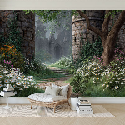 Peel and Stick Wallpaper 144" W x 100" H Modern Self Adhesive Wall Mural for Bedroom Fantasy Gothic Medieval Stone Castle Magic Forest Fairytale Meadow