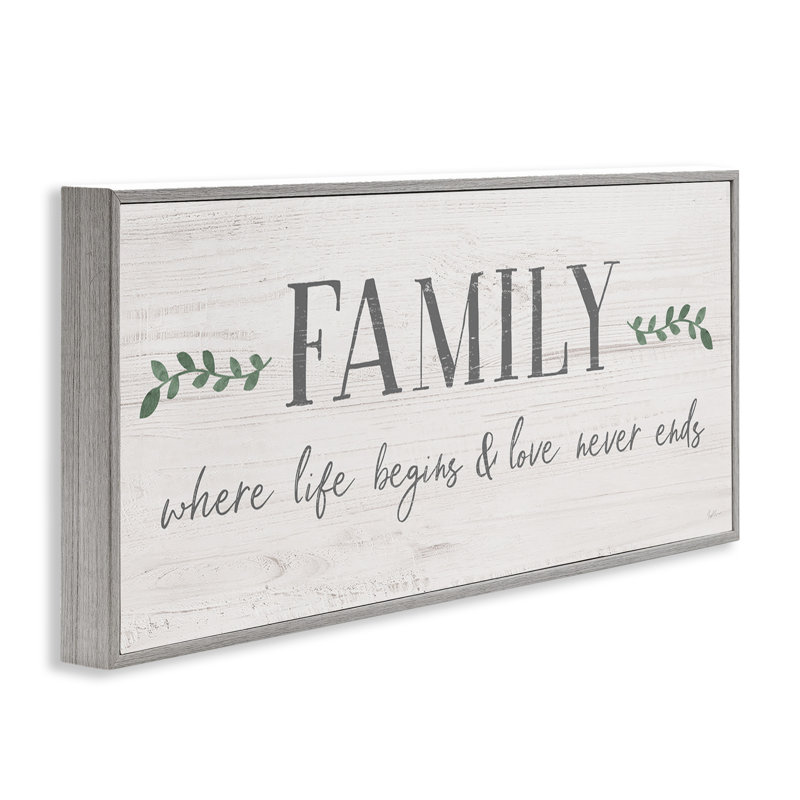 «Family Life Begins Love Never Ends Motivation» - art textuel, H 13 po x l 30 po x P 1,5 po, Estampe numérique Farmhouse