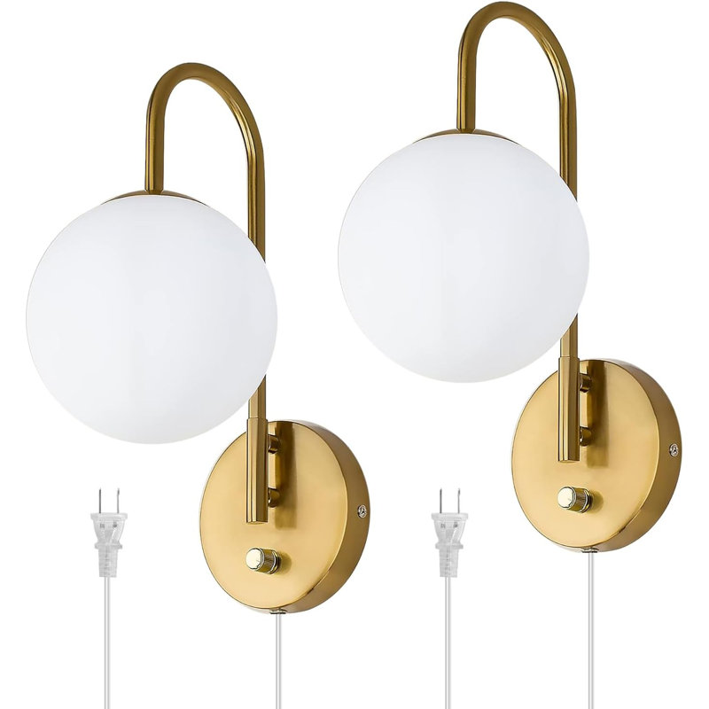 Dimmable Plug-In Wall Sconces Set Of Two With Adjustable Swing Arm, Milky White Glass Shade, Warm White Light For Bedroom, Living Room, And Hallway