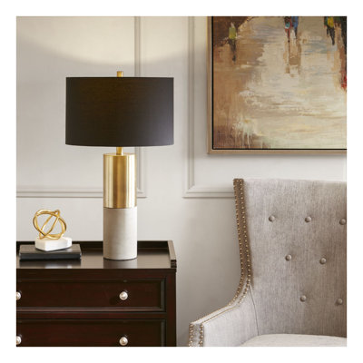 Lampe de table moderne en béton industriel avec abat-jour tambour en coton noir - Base en métal robuste et en béton pour le salon et la chambre à coucher