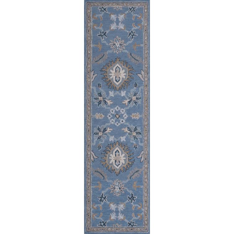 Greer Hand-Tufted Microloop Pile Wool Traditional Medallions Area Rug Blue Tan Ivory