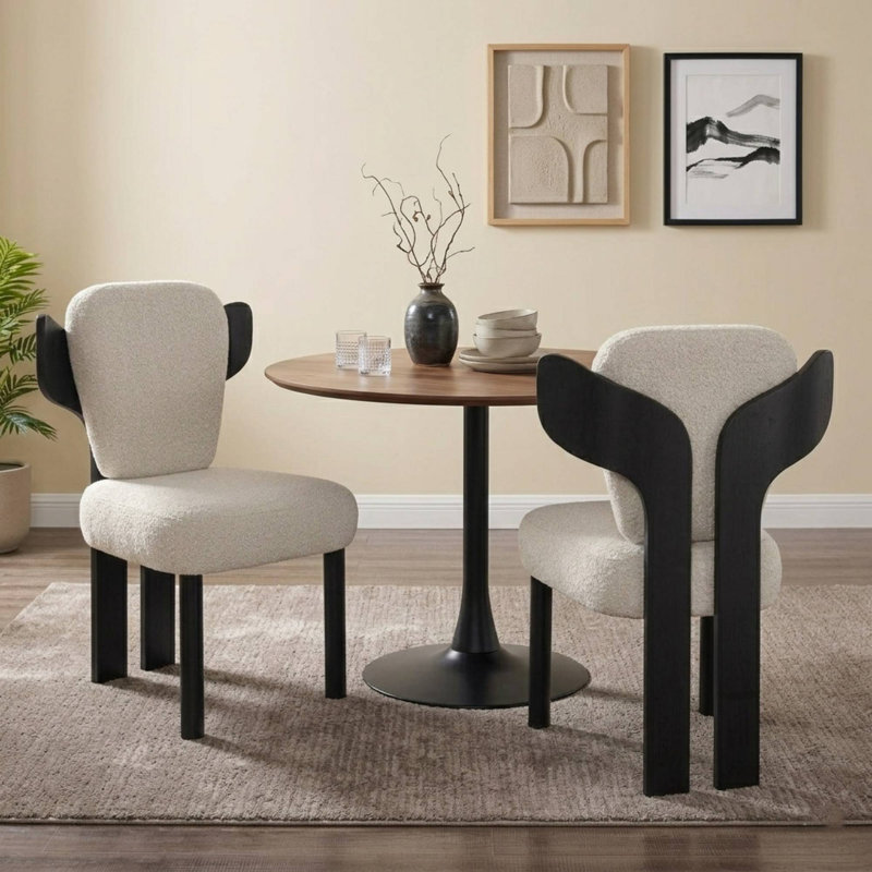 Brayden Upholstered Dining Side Chair with Wooden Legs (Set of 2), White, Black