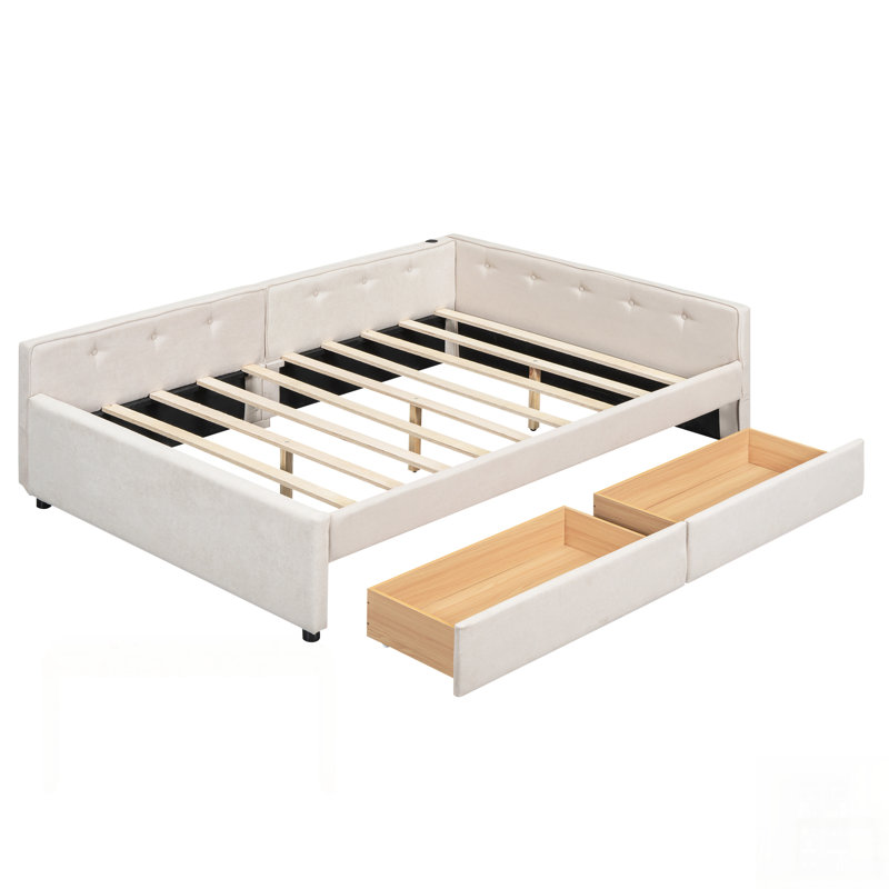 Lit plateforme tapissier avec ports USB et tiroirs de rangement spacieux, Double