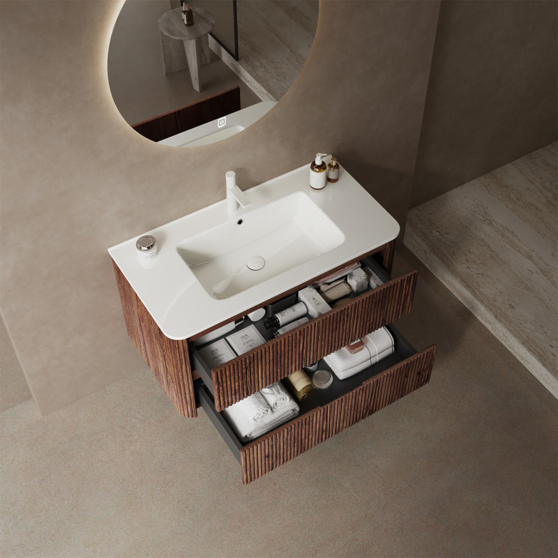 36" White and Deep Walnut Wall-Mounted Plywood Bathroom Vanity with Sink