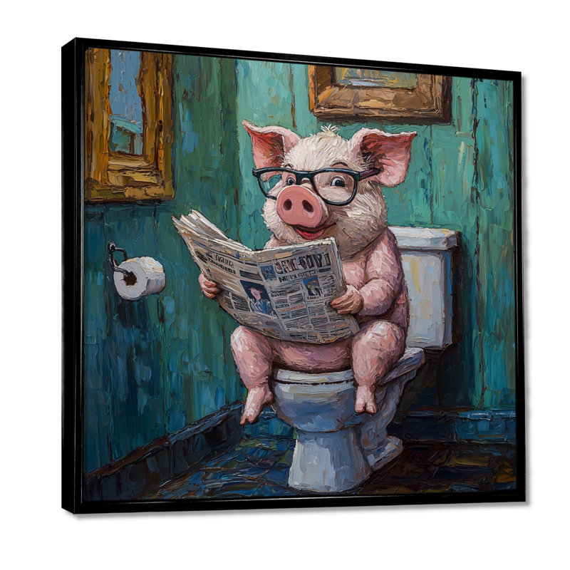Toile de cochon Kenniyah lisant le journal II - cochon, art mural, Impression encadrée flottante, Noir, noir, noir, noir