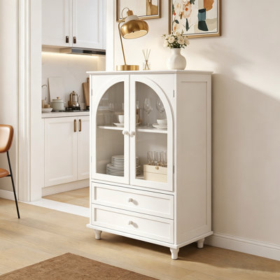 White Farmhouse Storage Cabinet with Arched Glass Door & 2 Drawers, Buffet Sideboard Pantry for Kitchen Dining Living Room Entryway