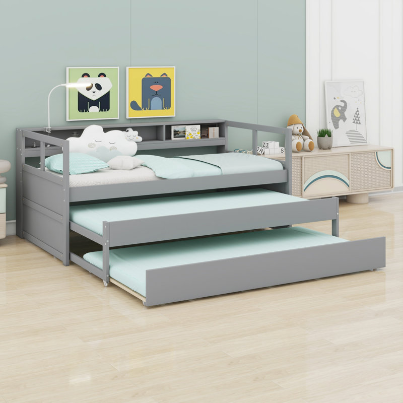 Daybed With Trundles, Storage Shelves,Light For Free And USB Charging Design, Gray