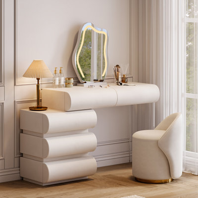 Humply White Leather Make-up Vanity Set with Mirror