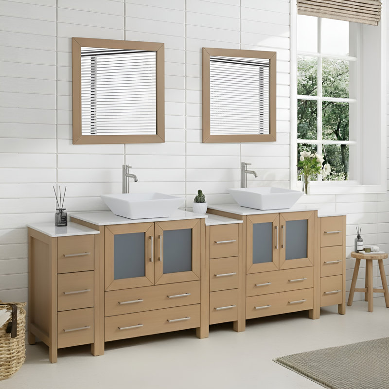 Ensemble de meuble-lavabo double 96 "avec miroir , Chêne naturel