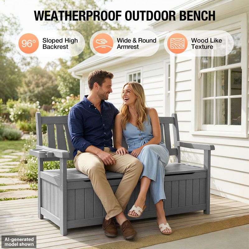 Storage Bench Deck Box For Patio Furniture, Front Porch Decor And Outdoor Seating – Perfect To Store Garden Tools, Gray
