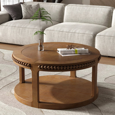 Table basse et canapé 31,5 "en bois massif rond - plateau épaissi à deux niveaux, pieds robustes, table circulaire pour le salon