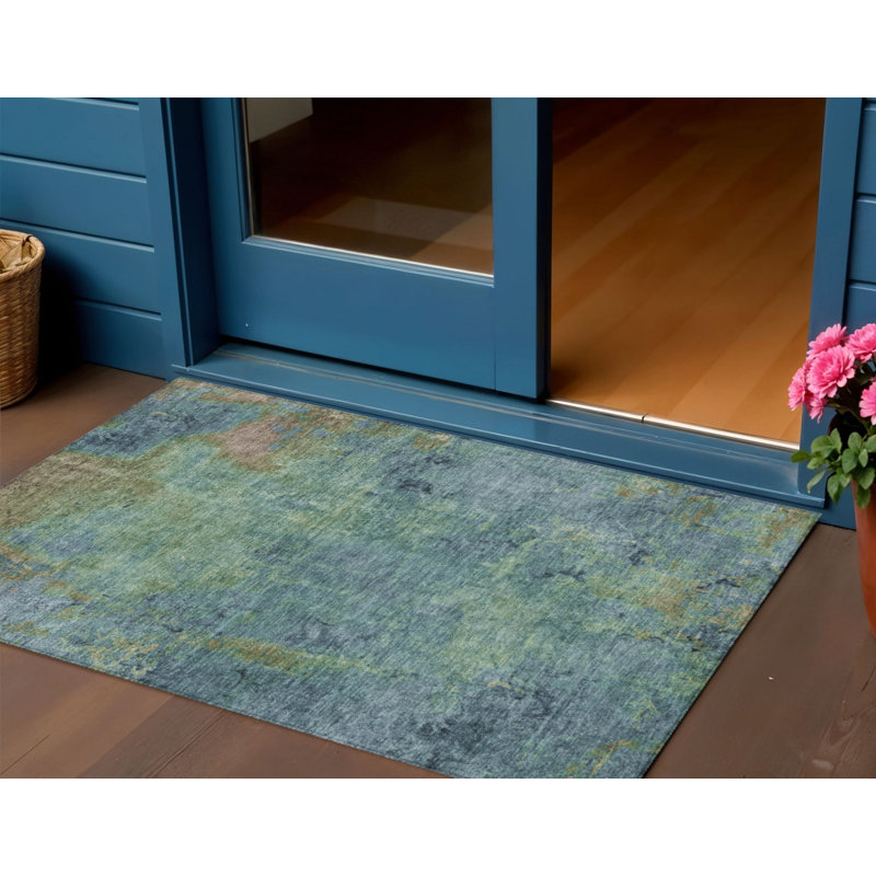 3' X 5' Blue Abstract Washable Indoor Outdoor Area Rug