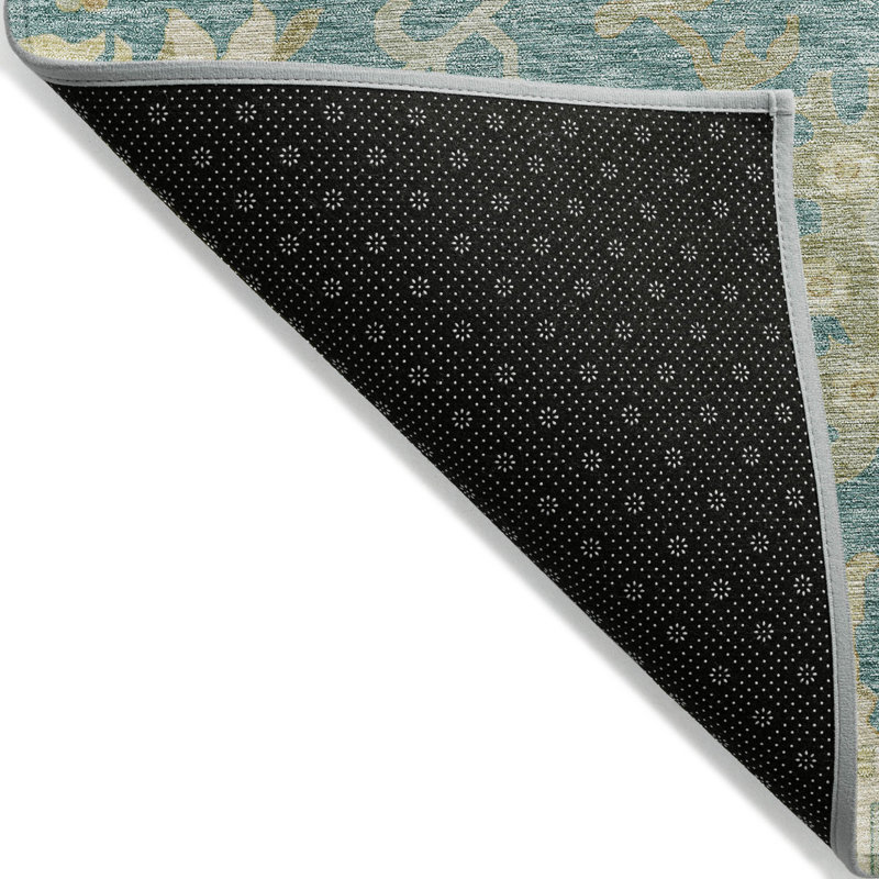 3' X 5' Teal Blue Ivory And Green Floral Washable Indoor Outdoor Area Rug