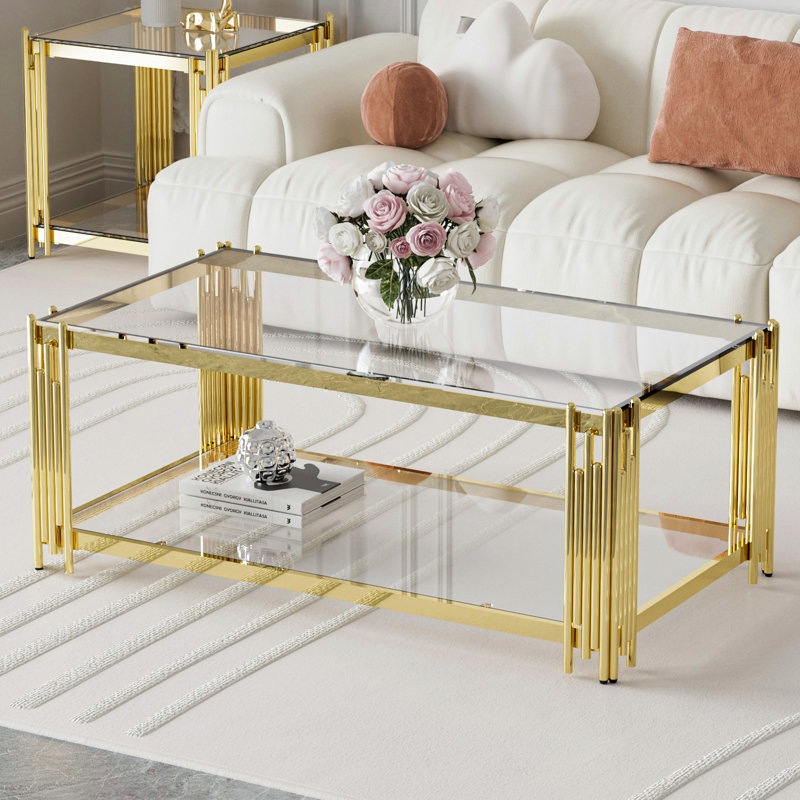  Raymere 43.3" L x 23.6" W 2-Tier Rectangle Clear Tempered Glass Top Coffee Table, Deluxe Gold Stainless Legs Sofa Table