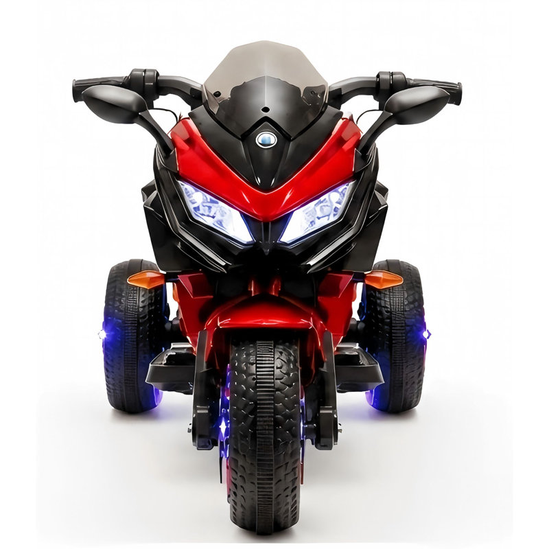 Moto électrique pour enfants rouge, batterie 12 V 7 Ah, deux moteurs 390, port USB, indicateur de charge, musique, roues lumineuses, connexion sans fil pour téléphone, selle en cuir