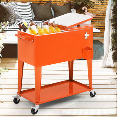 Outdoor 80 Qt Rolling Cooler Cart, with Bottle Opener + Storage Shelf Camping Beverage Ice Chest