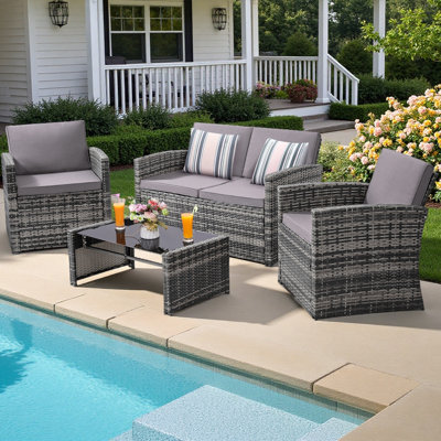 4-Piece All-Weather Wicker Patio Set – Rattan Sectional Sofa with Cushions and Glass Table