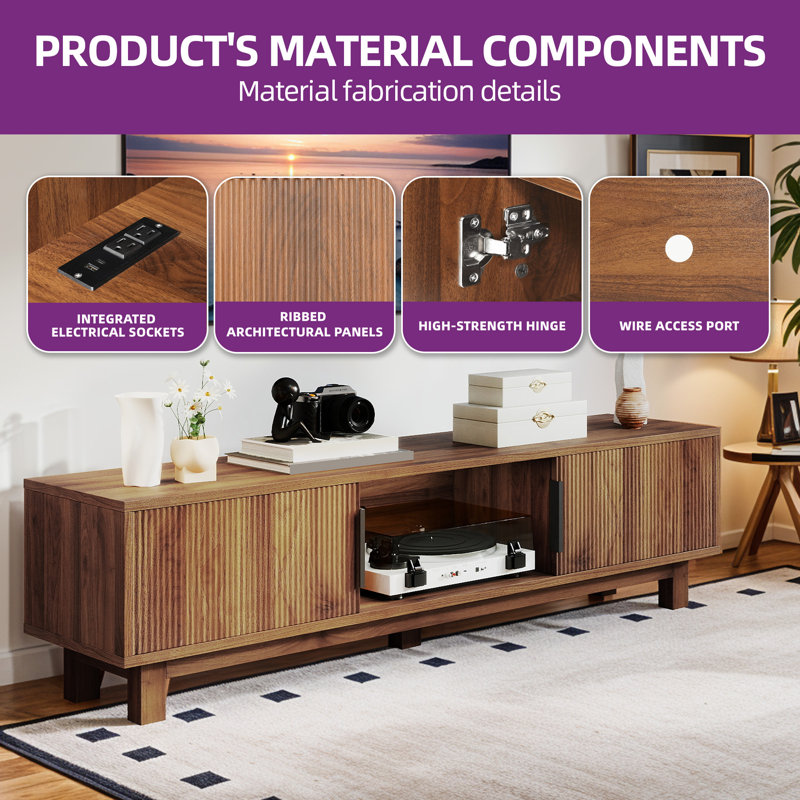  59"W Fluted TV Stands For Tvs Up To 65" With Power Outlets & Storage Compartments, Medium Wood