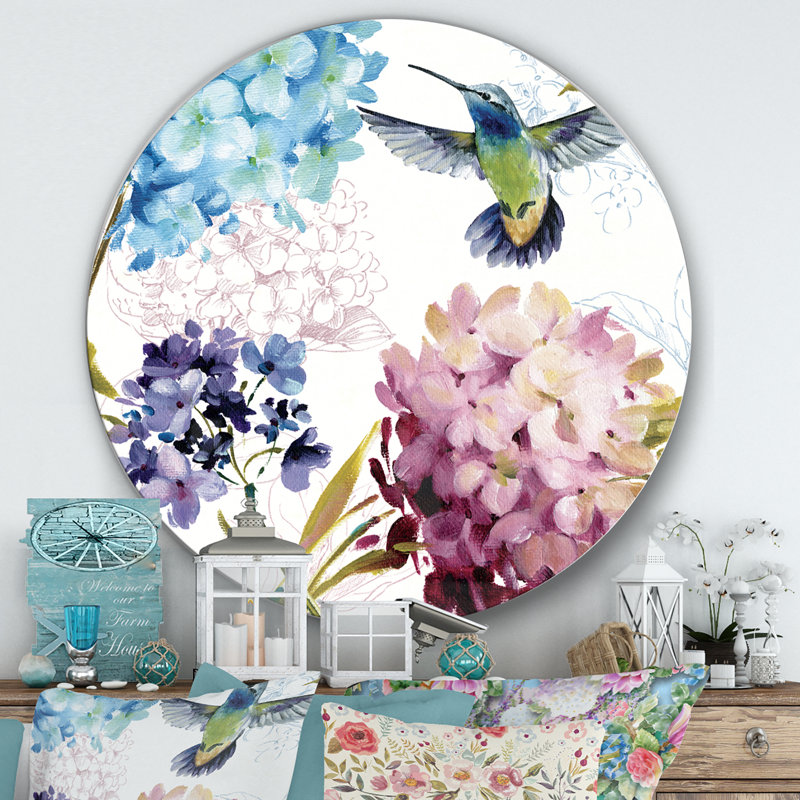 « humming oiseau blue fleuri »-reproduction d’art sur cercle métallique, H 36 po x l 36 po x P 1 po