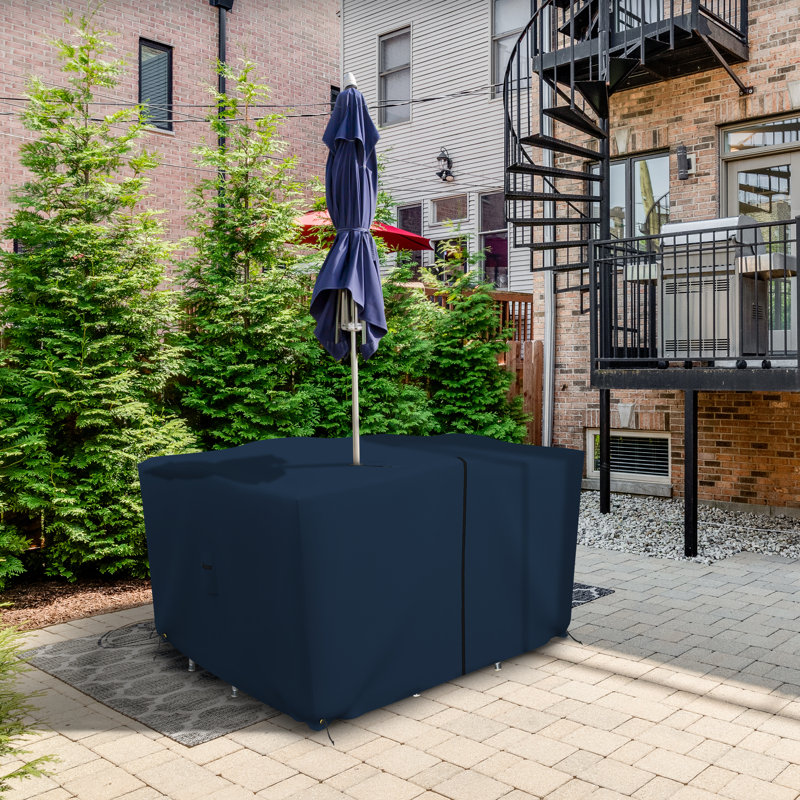 Housse pour ensemble de table et chaises d'extérieur carrée avec trou pour parasol, H 30 po x l 70 po x P 70 po, Bleu foncé