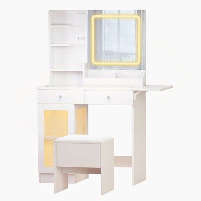 Small Vanity Desk With Mirror And Lights And Chair, Makeup Vanity With Glass Top And 2 USB Power Strip, Vanity With Two Drawers And One Cabinet, Dressing Table Set With 3 Lights Colors Mirror (White)