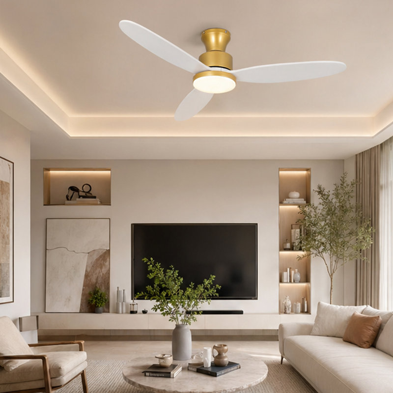 Ventilateurs de plafond à profil bas de 52 po avec lumières et télécommande, lumière DEL à intensité variable 3CCT, moteur à courant continu réversible à 6 vitesses, 3 pales en bois, minuterie, fonction mémoire, ventilateur encastré d'extérieur intérieur