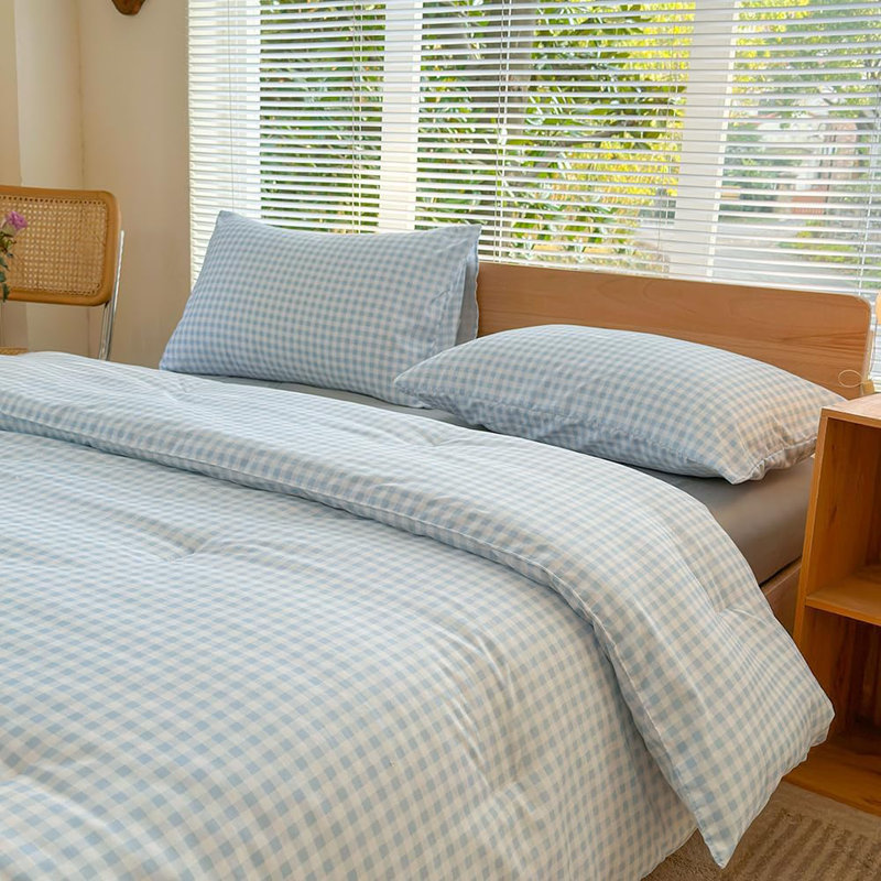 Ensemble d'édredon en microfibre prélavée Gingham, Édredon grand et 2 taies d'oreiller, Vichy à carreaux bleus
