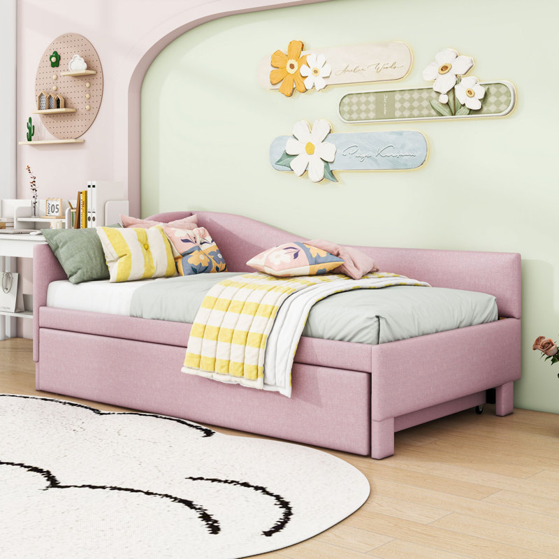 Twin Upholstered Daybed with Backrest and Twin Pop Up Trundle, Pink