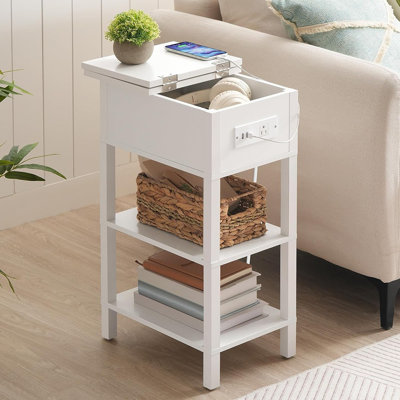 Table d'appoint rabattable avec ports USB - Blanc - Table de chevet étroite, table de chevet avec tablettes de rangement, petit espace, salon