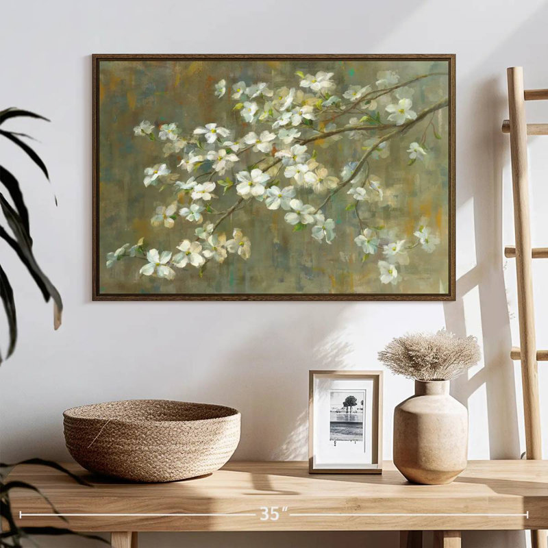 Cornouiller au printemps, 25 po x 17 po, Cadre flottant noyer