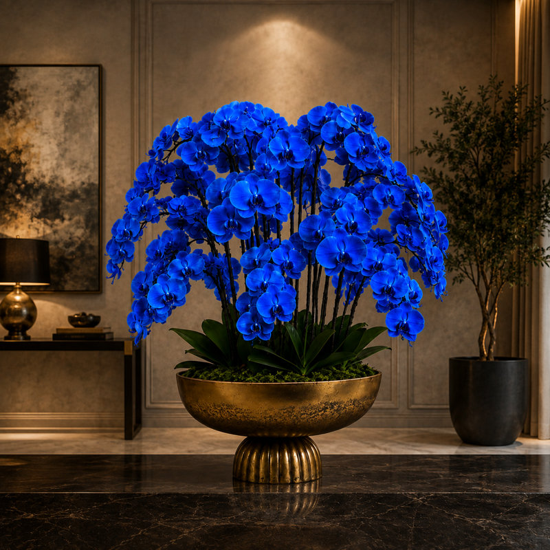 Composition d'orchidées dans un vase sur pied Hamilton, Bleu