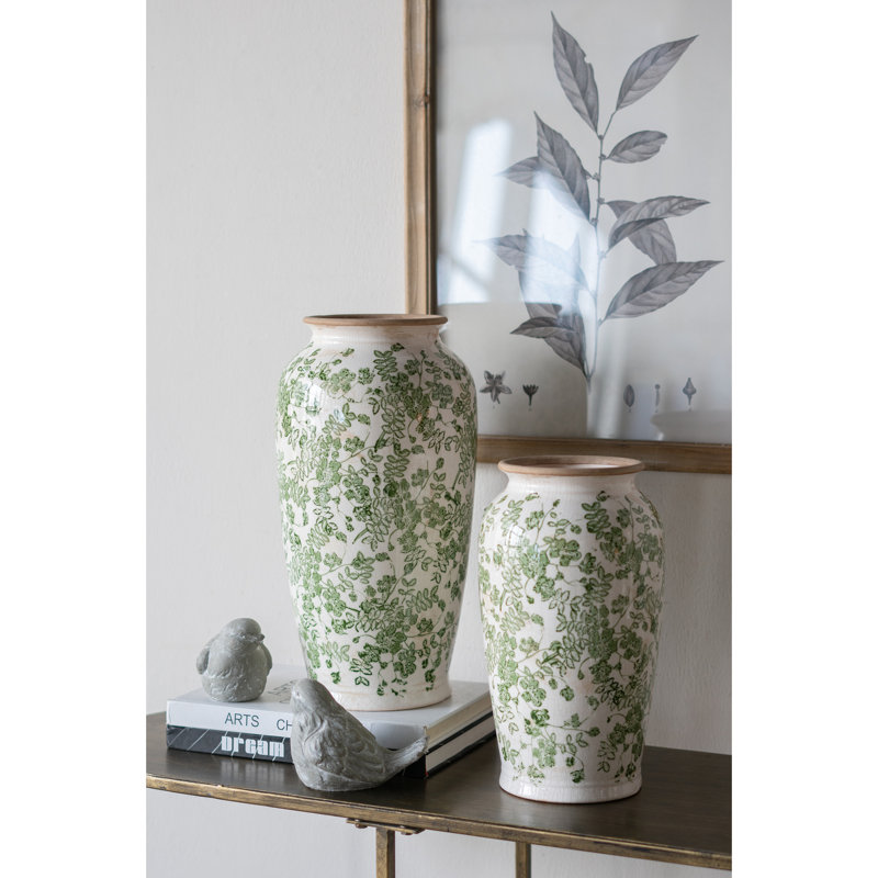 White Ceramic Flower Vase with Green Floral Pattern, 11.6" H x 6.5" W x 6.5" D