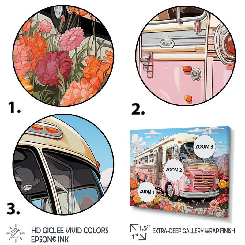 «Pink Camping Van Desert Getaway I», art mural de voyage en camping, Cadre flottant doré, H 24 po x l 32 po x P 1 po