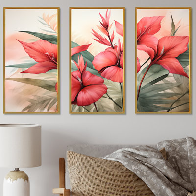 Art mural rétro de plantes tropicales corail - fuchsia