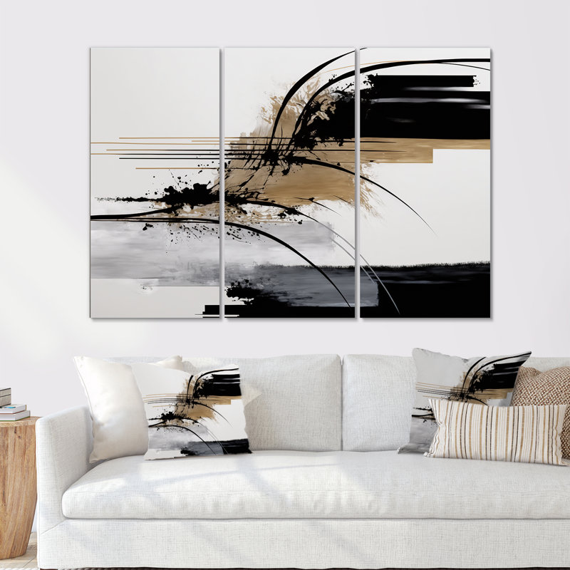 Avetik noir, blanc et or Expression II - ensemble d'art mural moderne sur toile, H 28 po x l 36 po, Toile tendue, Sans cadre