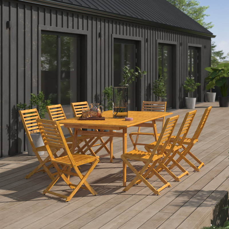 Les ensembles de salle à manger de patio 9 pièces pour l'extérieur comprennent une table rectangulaire en bois d'acacia et 8 chaises d'appoint pliantes, 40 x 72 pouces, huile naturelle