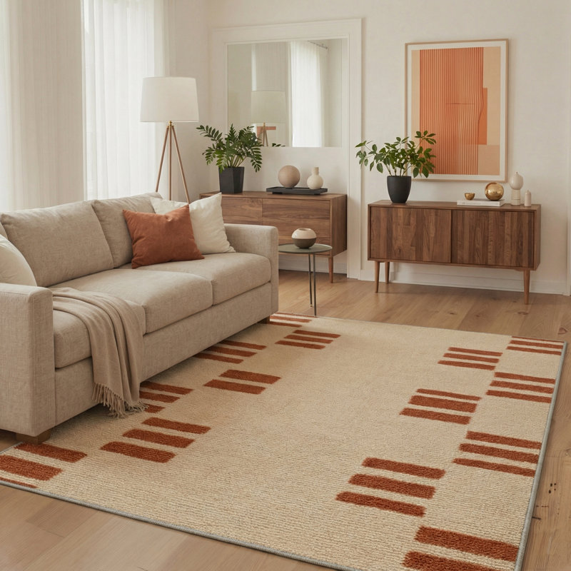 Mondrian Modern Block Stripes Machine Washable Sandstone Indoor Area Rug With Non-Slip Backing, Rectangle 9' x 12'