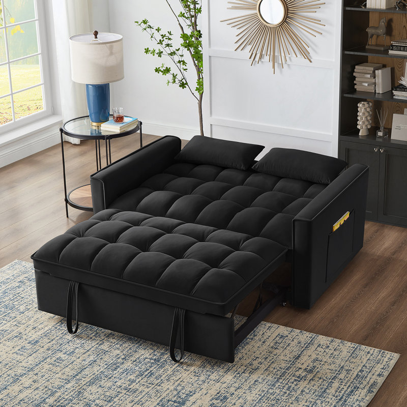 Ornella Modern 4 in1 Loveseat Sofa Bed with Armrests & Storage Pockets, Black