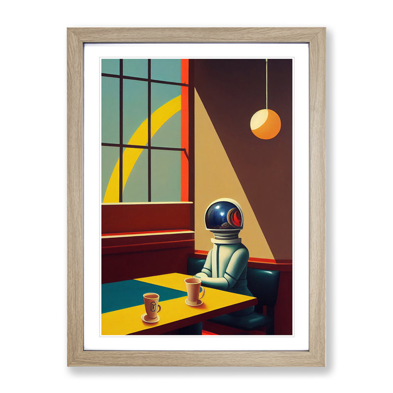 Astronaut in the Cafe 1 Piece Single Picture Frame Wall Art, 64cm H x 46cm W x 2cm D, Oak Framed